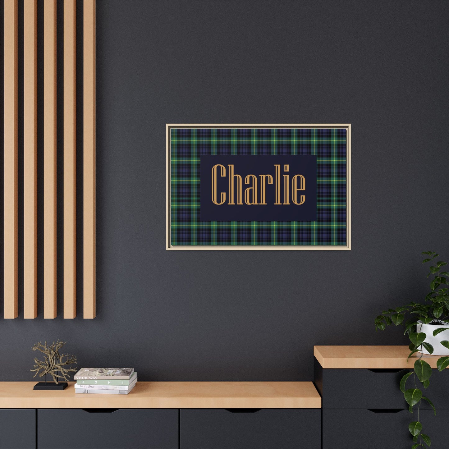 Preppy Tartan Nursery Name Sign, Personalized Baby Name Wall Art, Green & Navy Plaid Nursery Decor, Custom Boy Nursery Sign, Framed Canvas