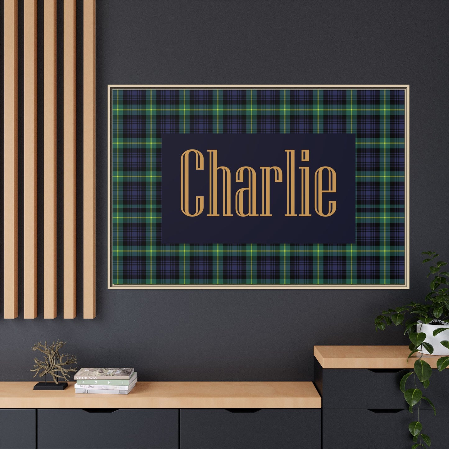 Preppy Tartan Nursery Name Sign, Personalized Baby Name Wall Art, Green & Navy Plaid Nursery Decor, Custom Boy Nursery Sign, Framed Canvas