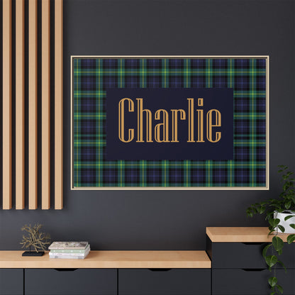 Preppy Tartan Nursery Name Sign, Personalized Baby Name Wall Art, Green & Navy Plaid Nursery Decor, Custom Boy Nursery Sign, Framed Canvas