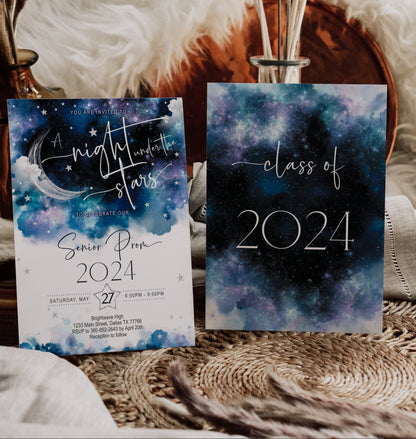 A Night Under the Stars Graduation Invitation Template, Celestial Galaxy Starry Night Rustic Blue Design, Editable Digital Download (Copy)