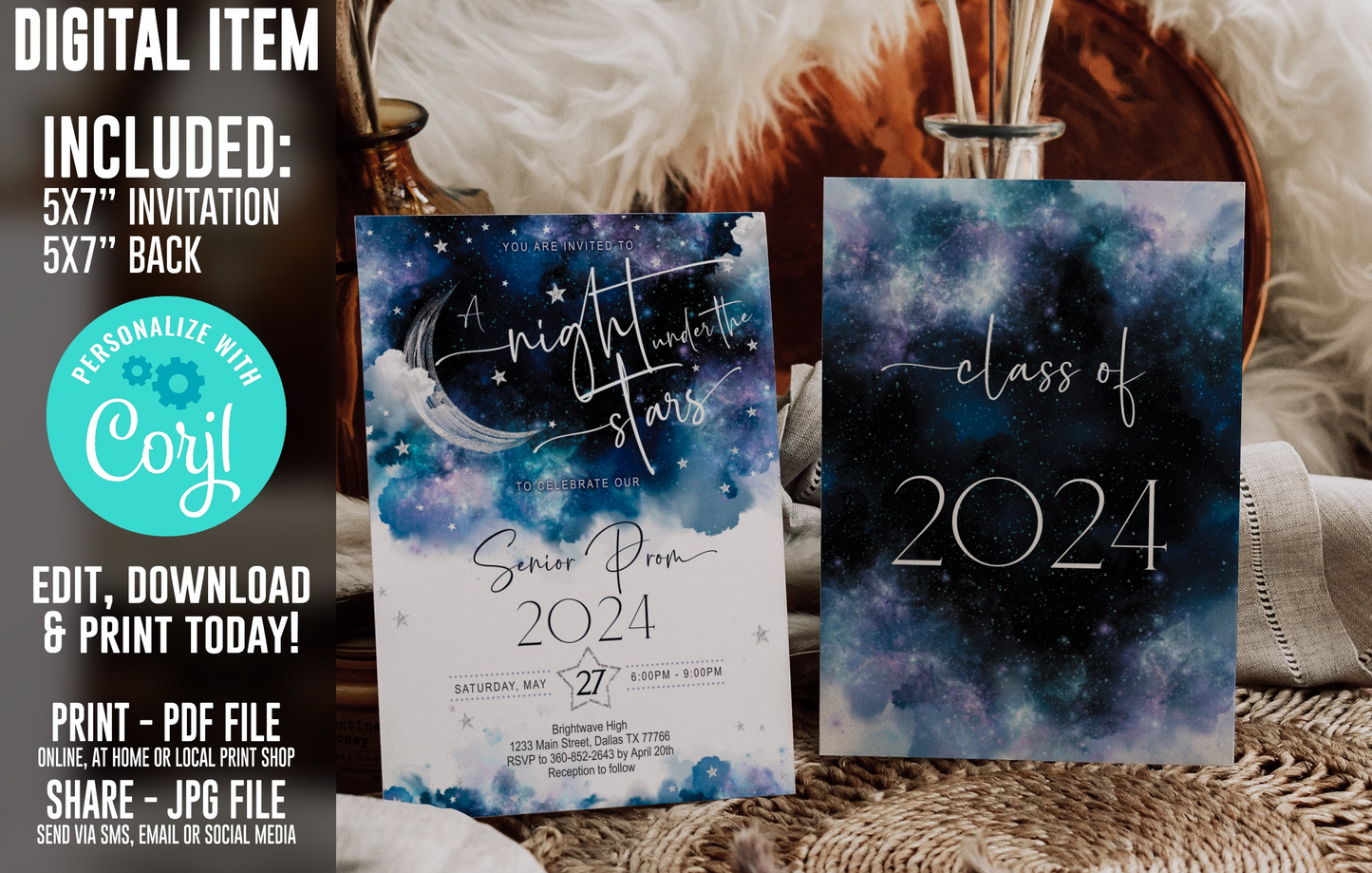 A Night Under the Stars Graduation Invitation Template, Celestial Galaxy Starry Night Rustic Blue Design, Editable Digital Download (Copy)