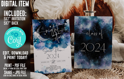 A Night Under the Stars Graduation Invitation Template, Celestial Galaxy Starry Night Rustic Blue Design, Editable Digital Download (Copy)