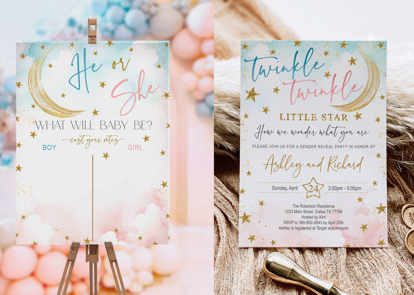 Twinkle Little Star Gender Reveal Game Bundle | Printable Baby Shower Voting Board, Invitation & Party Decor | Instant Download