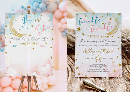 Twinkle Little Star Gender Reveal Game Bundle | Printable Baby Shower Voting Board, Invitation & Party Decor | Instant Download