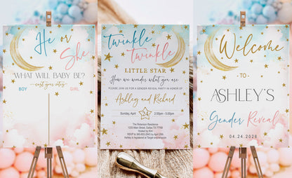 Twinkle Little Star Gender Reveal Game Bundle | Printable Baby Shower Voting Board, Invitation & Party Decor | Instant Download