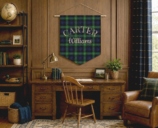 Personalized Tartan Nursery Banner, Green & Navy Plaid Nursery Pennant, Baby Name Wall Banner, Preppy Baby Room Decor, Fabric Wall Hanging