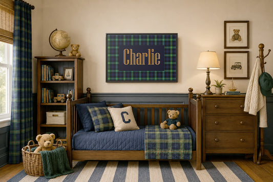 Preppy Tartan Nursery Name Sign, Personalized Baby Name Wall Art, Green & Navy Plaid Nursery Decor, Custom Boy Nursery Sign, Framed Canvas