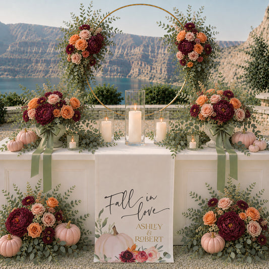 Personalized Fall in Love Table Runner | Autumn Wedding & Couples Shower Decor | Bridal Shower Decor