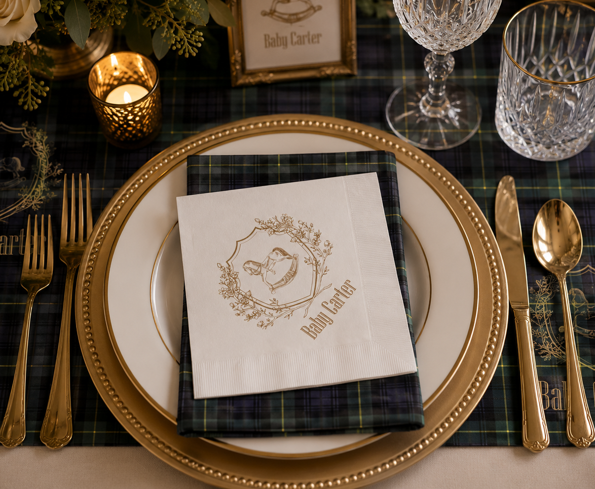 Personalized Rocking Horse Baby Shower Napkins | Preppy Tartan Baby Shower Decor | Custom Paper Napkins