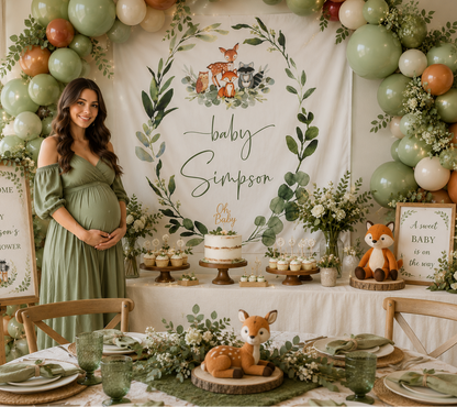 Personalized Woodland Baby Shower Tapestry, Woodland Nursery Wall Hanging, Forest Animals Baby Name Banner, Woodland Nursery Decor, Baby Shower Backdrop