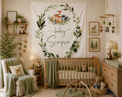 Personalized Woodland Baby Shower Tapestry, Woodland Nursery Wall Hanging, Forest Animals Baby Name Banner, Woodland Nursery Decor, Baby Shower Backdrop
