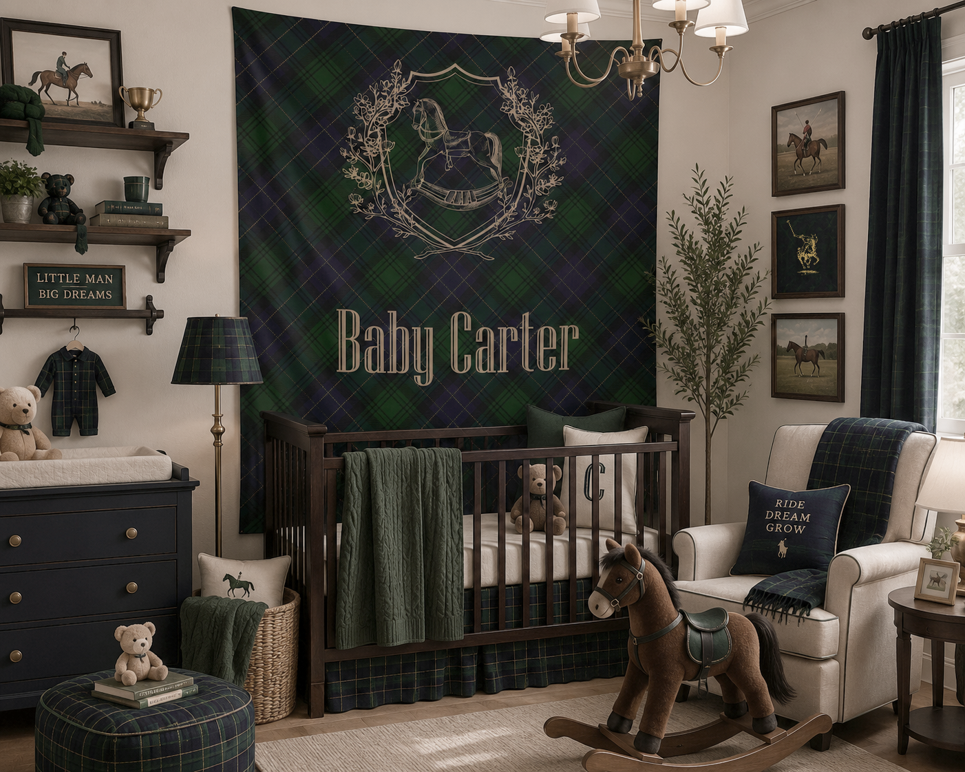 Personalized Rocking Horse Nursery Tapestry, Green & Navy Tartan Wall Hanging, Preppy Baby Room Decor, Baby Shower Backdrop, Plaid Nursery Decor
