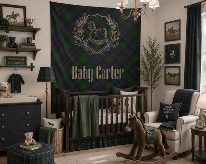Personalized Rocking Horse Nursery Tapestry, Green & Navy Tartan Wall Hanging, Preppy Baby Room Decor, Baby Shower Backdrop, Plaid Nursery Decor