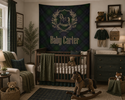 Personalized Rocking Horse Nursery Tapestry, Green & Navy Tartan Wall Hanging, Preppy Baby Room Decor, Baby Shower Backdrop, Plaid Nursery Decor