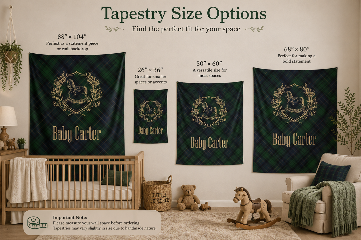 Personalized Rocking Horse Nursery Tapestry, Green & Navy Tartan Wall Hanging, Preppy Baby Room Decor, Baby Shower Backdrop, Plaid Nursery Decor