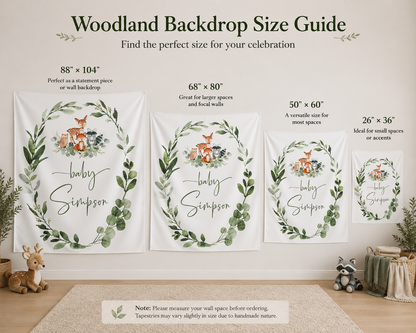 Personalized Woodland Baby Shower Tapestry, Woodland Nursery Wall Hanging, Forest Animals Baby Name Banner, Woodland Nursery Decor, Baby Shower Backdrop