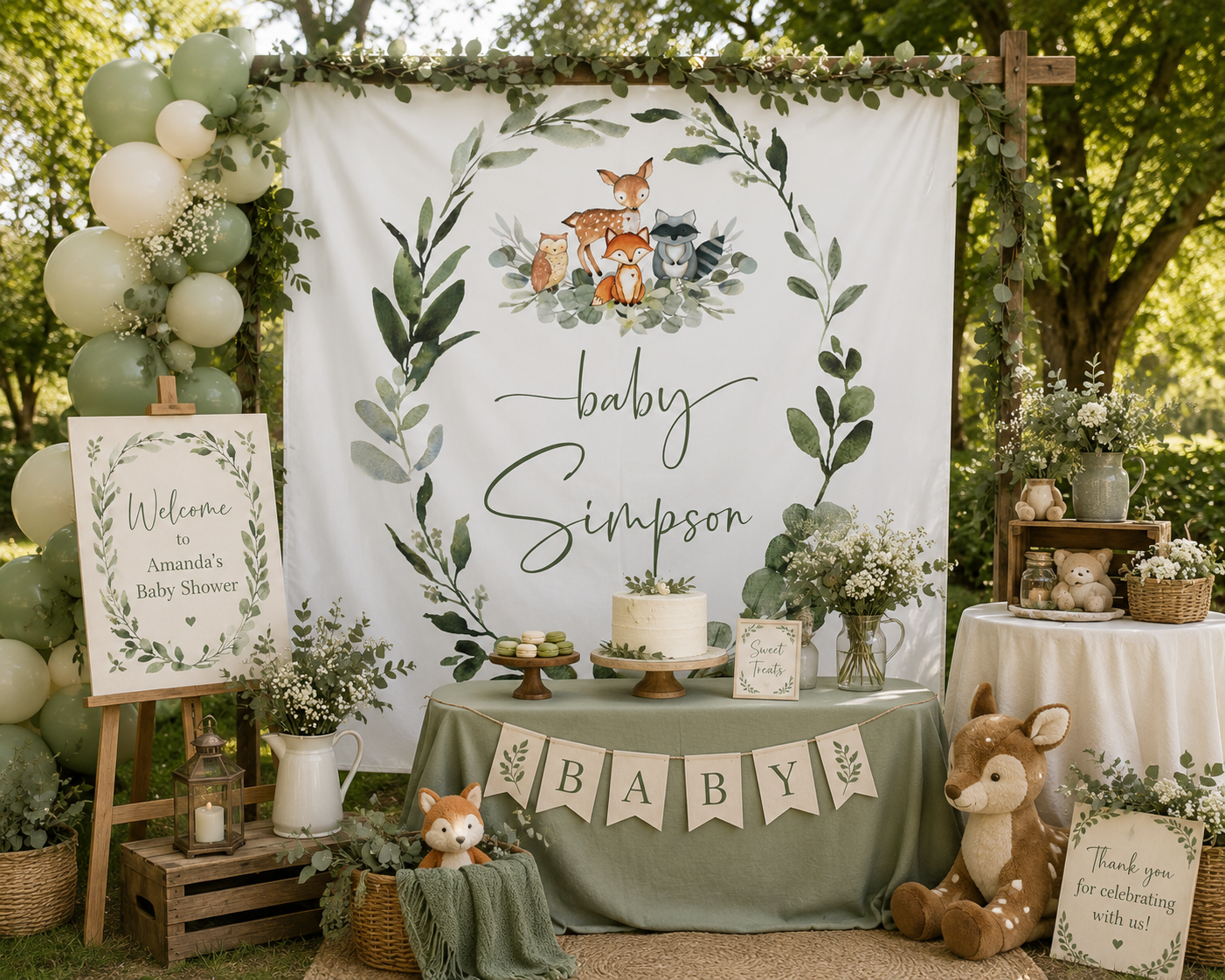 Personalized Woodland Baby Shower Tapestry, Woodland Nursery Wall Hanging, Forest Animals Baby Name Banner, Woodland Nursery Decor, Baby Shower Backdrop