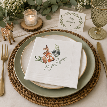 Woodland Baby Shower Napkins, Personalized Fox Deer & Raccoon Party Napkins, Forest Animals Disposable Napkins, Woodland Baby Shower Decor