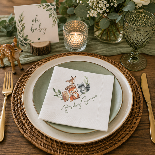 Woodland Baby Shower Napkins, Personalized Fox Deer & Raccoon Party Napkins, Forest Animals Disposable Napkins, Woodland Baby Shower Decor
