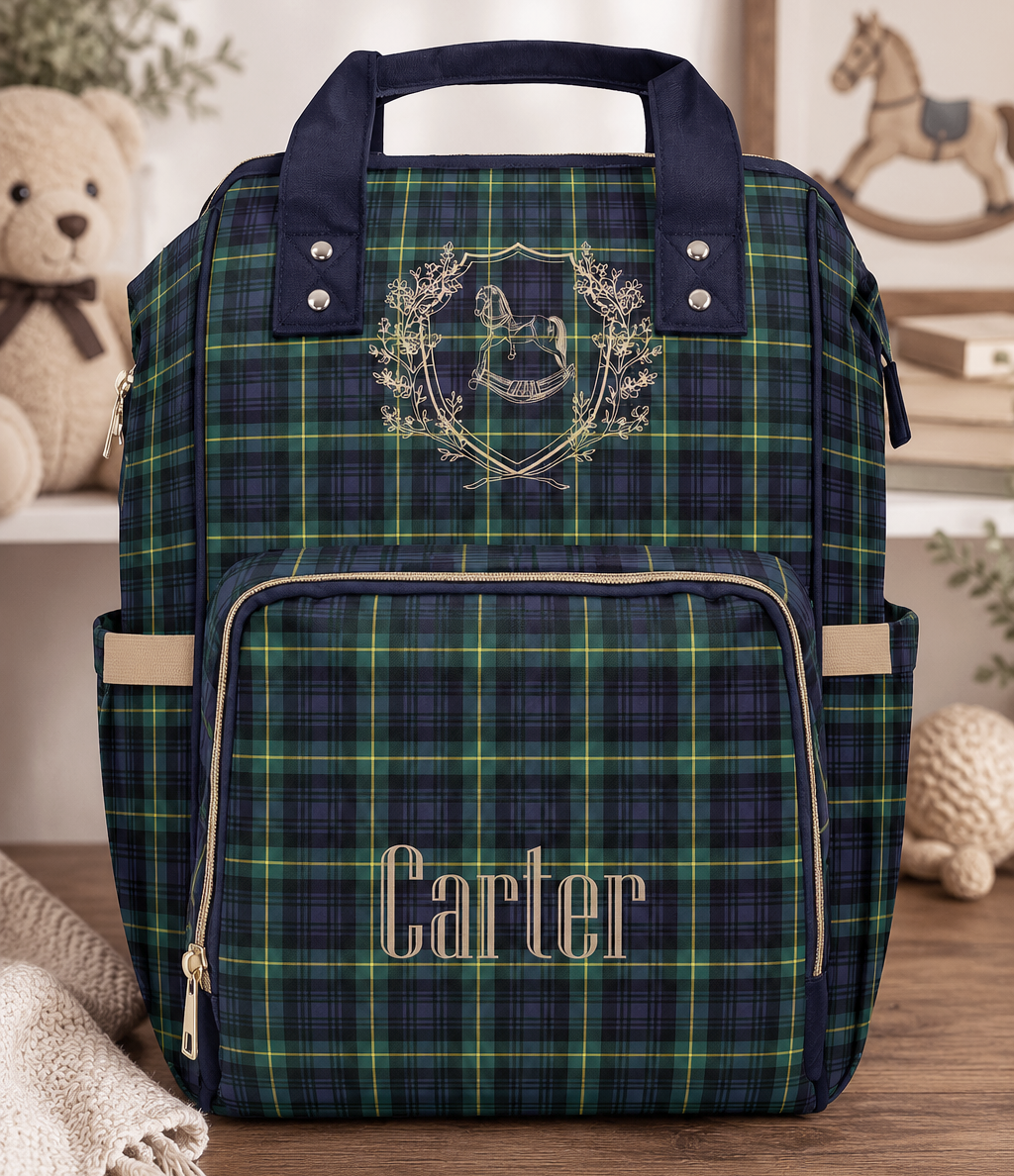 Personalized Rocking Horse Diaper Backpack, Green Tartan Plaid Diaper Bag, Preppy Baby Bag, Baby Shower Gift, Nursery Backpack