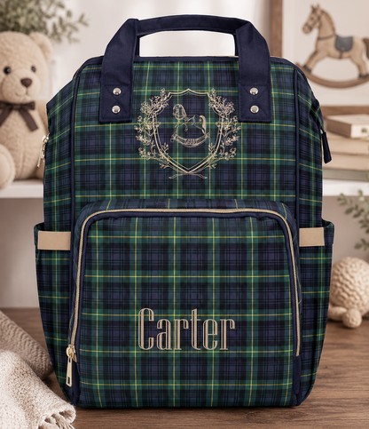 Personalized Rocking Horse Diaper Backpack, Green Tartan Plaid Diaper Bag, Preppy Baby Bag, Baby Shower Gift, Nursery Backpack