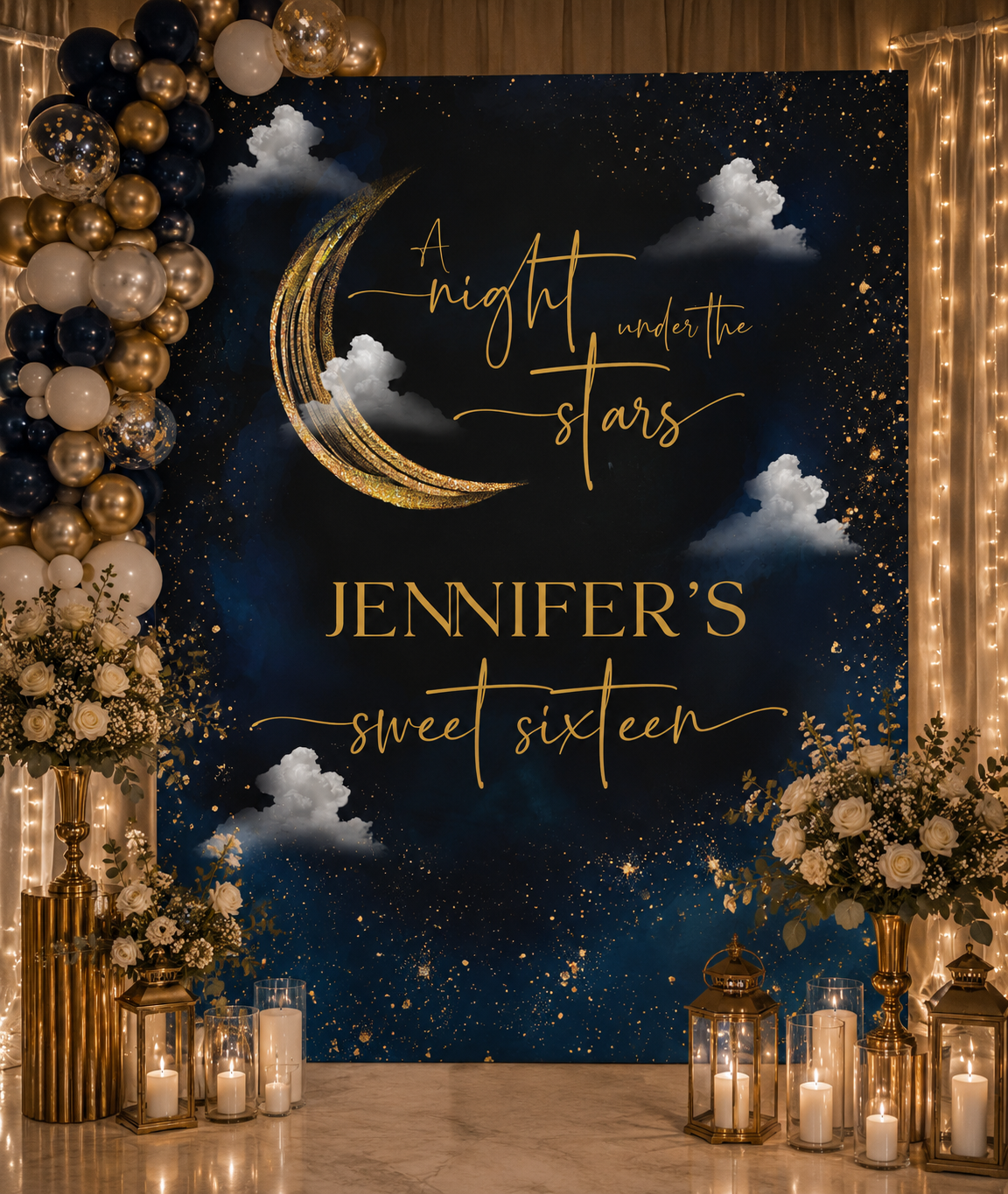 Personalized Sweet Sixteen Night Under the Stars Tapestry | Celestial Birthday Backdrop | Navy & Gold Moon Party Decoration | Starry Night Wall Hanging