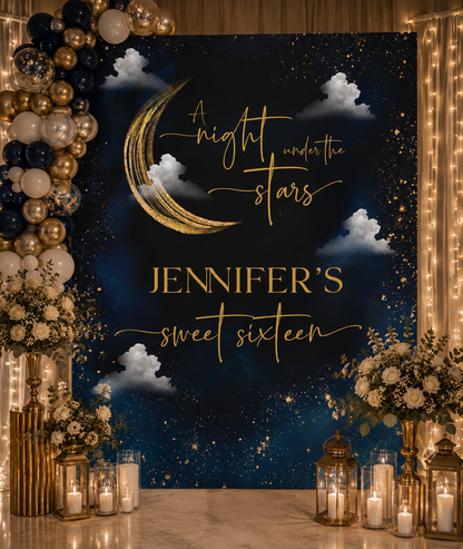 Personalized Sweet Sixteen Night Under the Stars Tapestry | Celestial Birthday Backdrop | Navy & Gold Moon Party Decoration | Starry Night Wall Hanging