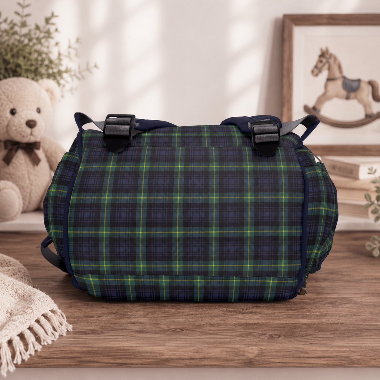 Personalized Rocking Horse Diaper Backpack, Green Tartan Plaid Diaper Bag, Preppy Baby Bag, Baby Shower Gift, Nursery Backpack