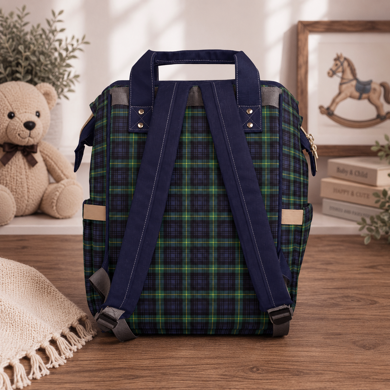 Personalized Rocking Horse Diaper Backpack, Green Tartan Plaid Diaper Bag, Preppy Baby Bag, Baby Shower Gift, Nursery Backpack