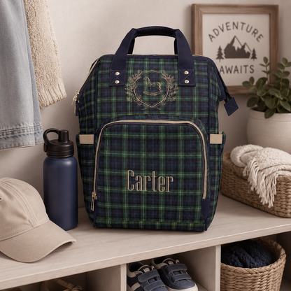 Personalized Rocking Horse Diaper Backpack, Green Tartan Plaid Diaper Bag, Preppy Baby Bag, Baby Shower Gift, Nursery Backpack