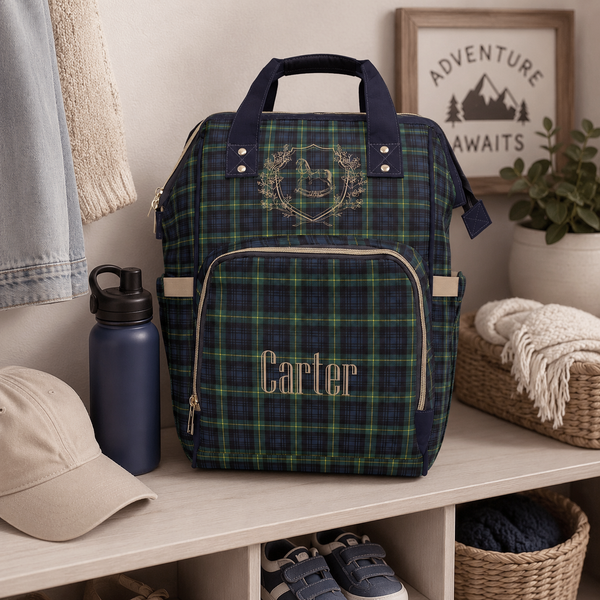 Personalized Rocking Horse Diaper Backpack, Green Tartan Plaid Diaper Bag, Preppy Baby Bag, Baby Shower Gift, Nursery Backpack