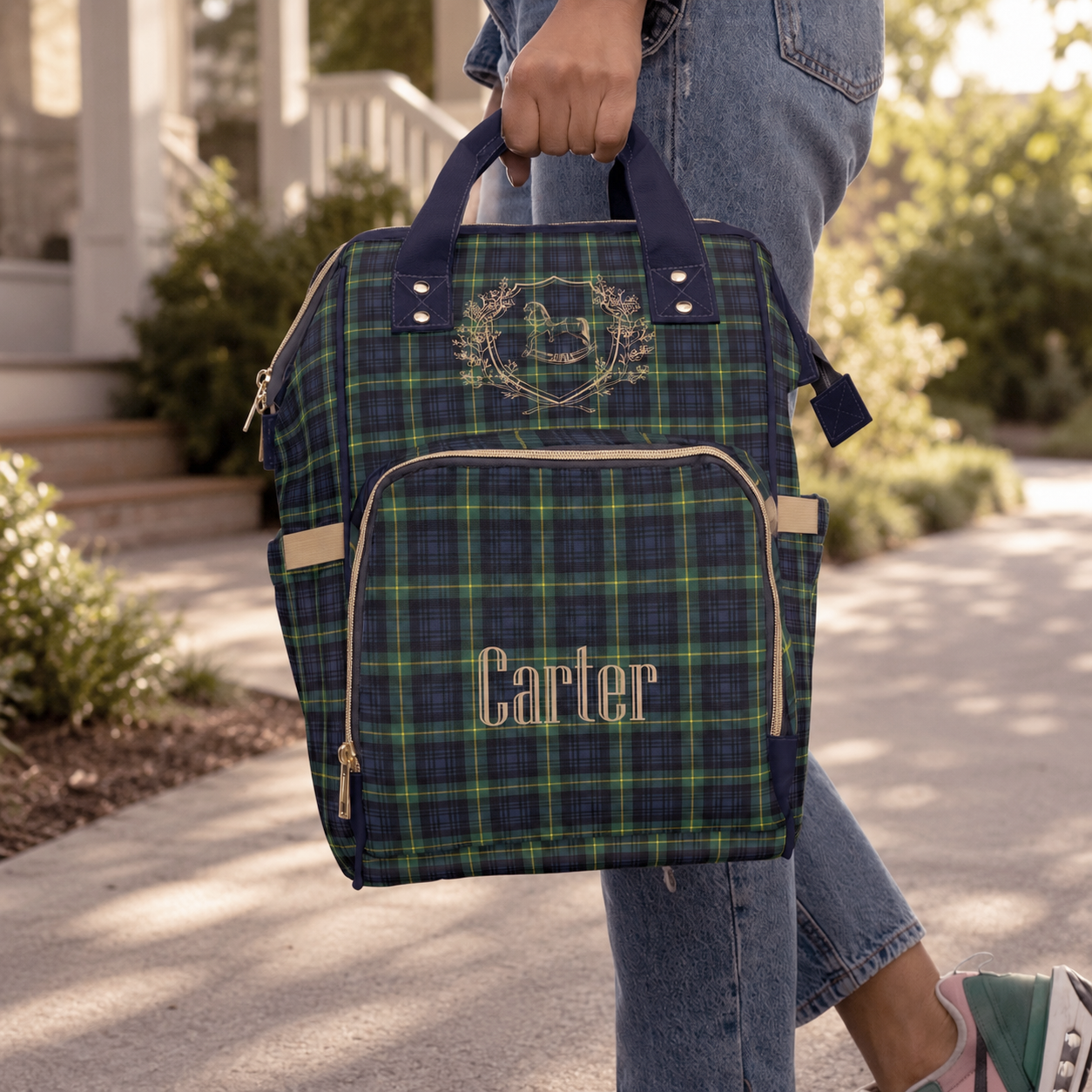 Personalized Rocking Horse Diaper Backpack, Green Tartan Plaid Diaper Bag, Preppy Baby Bag, Baby Shower Gift, Nursery Backpack