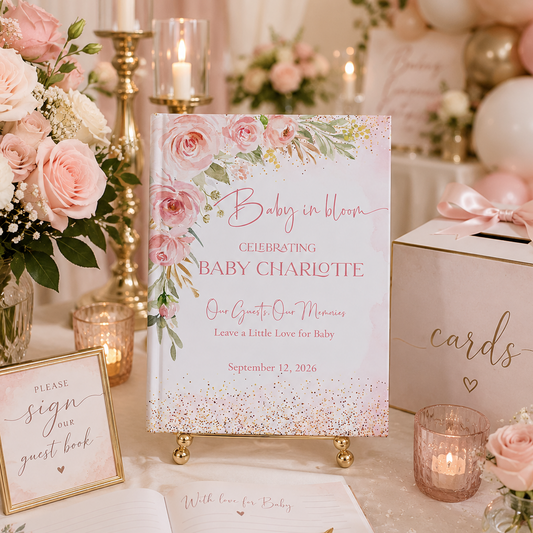 Baby in Bloom Guest Book, Personalized Baby Shower Guest Book, Blush Floral Memory Book, Hardcover Baby Shower Keepsake Journal