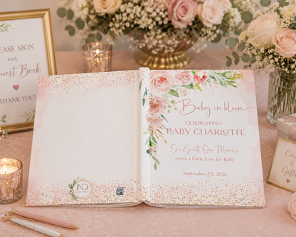 Baby in Bloom Guest Book, Personalized Baby Shower Guest Book, Blush Floral Memory Book, Hardcover Baby Shower Keepsake Journal