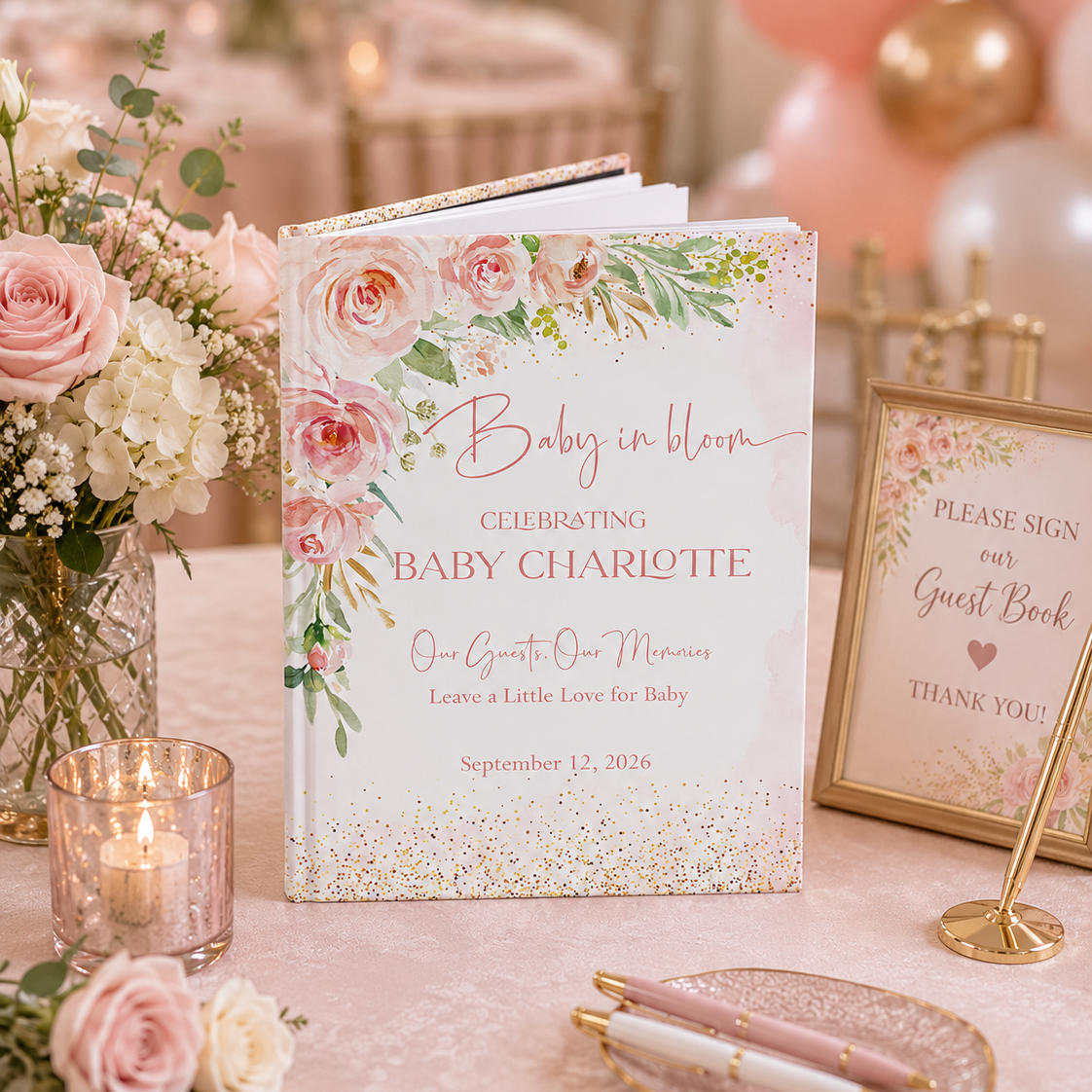 Baby in Bloom Guest Book, Personalized Baby Shower Guest Book, Blush Floral Memory Book, Hardcover Baby Shower Keepsake Journal