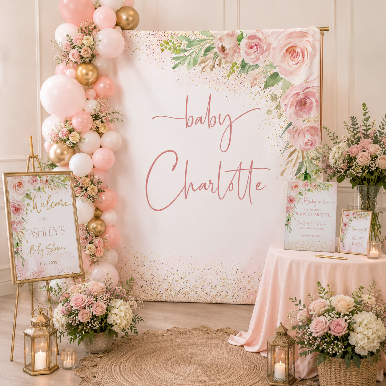 Personalized Baby Shower Backdrop | Floral Garden Nursery Tapestry | Baby in Bloom Wall Hanging | Custom Baby Name Banner | Nursery Decor Gift
