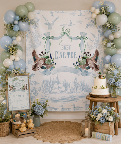 Personalized Mallard Duck Baby Shower Backdrop, Nursery Wall Tapestry, Custom Duck Baby Banner, Woodland Toile Nursery Decor