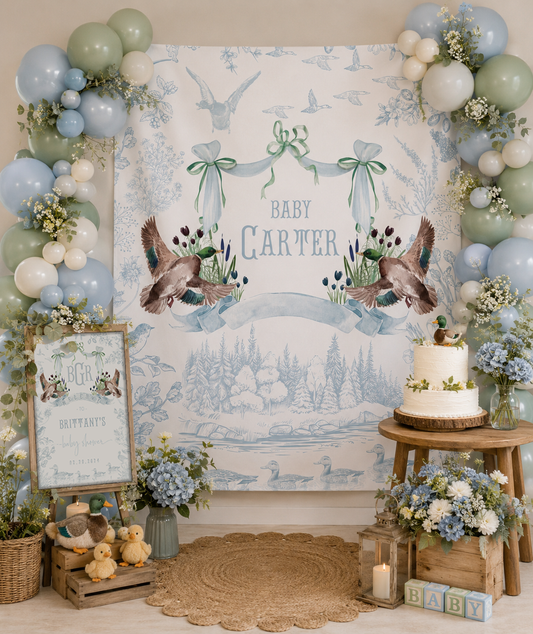 Personalized Mallard Duck Baby Shower Backdrop, Nursery Wall Tapestry, Custom Duck Baby Banner, Woodland Toile Nursery Decor