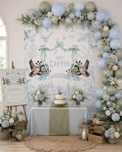 Personalized Mallard Duck Baby Shower Backdrop, Nursery Wall Tapestry, Custom Duck Baby Banner, Woodland Toile Nursery Decor