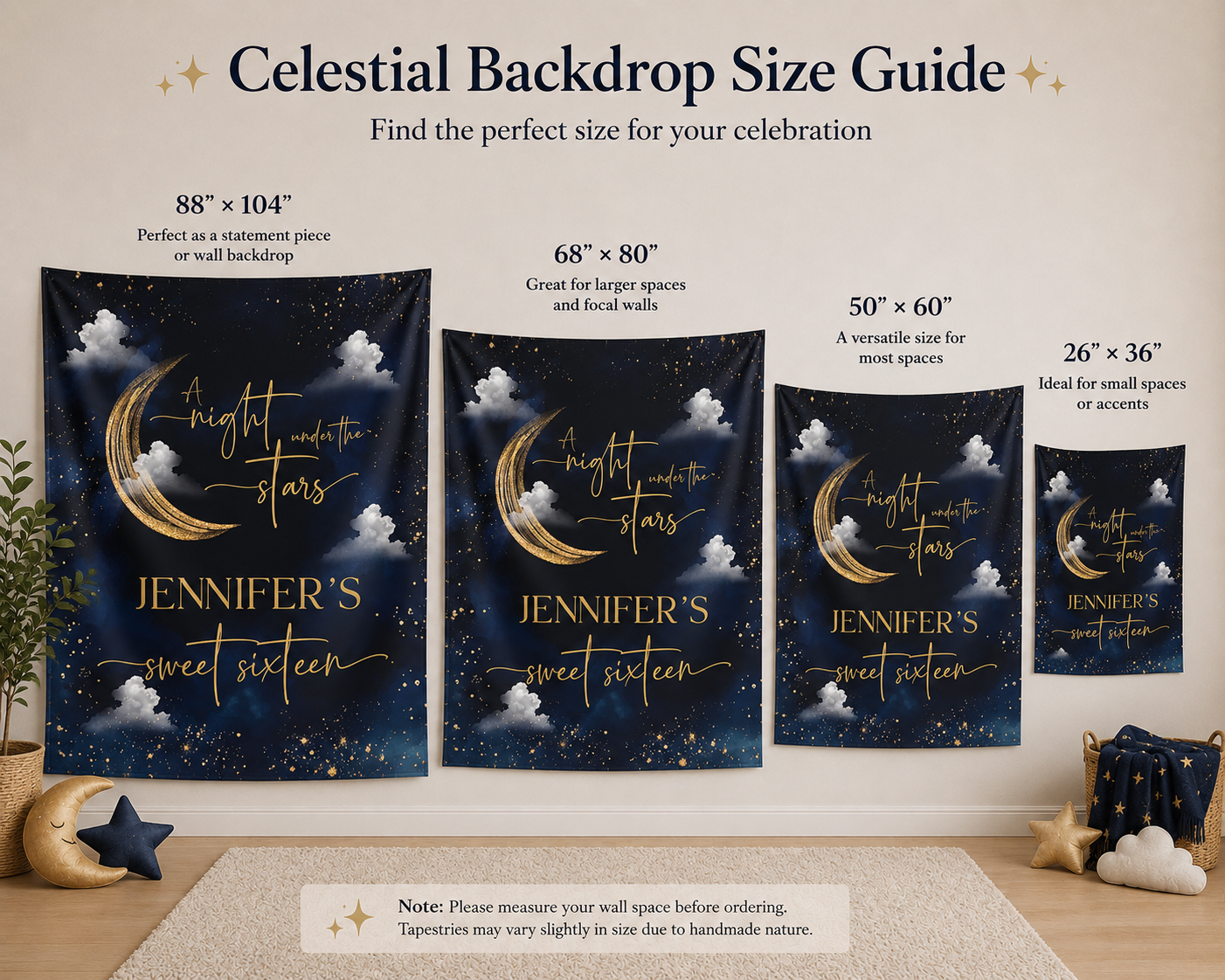 Personalized Sweet Sixteen Night Under the Stars Tapestry | Celestial Birthday Backdrop | Navy & Gold Moon Party Decoration | Starry Night Wall Hanging
