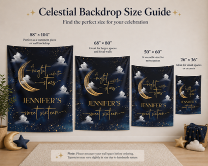Personalized Sweet Sixteen Night Under the Stars Tapestry | Celestial Birthday Backdrop | Navy & Gold Moon Party Decoration | Starry Night Wall Hanging