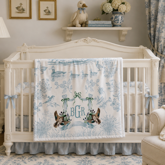 Personalized Mallard Duck Baby Swaddle Blanket | Blue Toile Nursery Blanket | Monogrammed Baby Boy Gift 30x40"