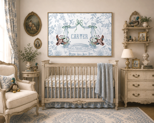 Personalized Mallard Duck Nursery Wall Art, Blue Toile Framed Canvas Baby Boy Room Decor