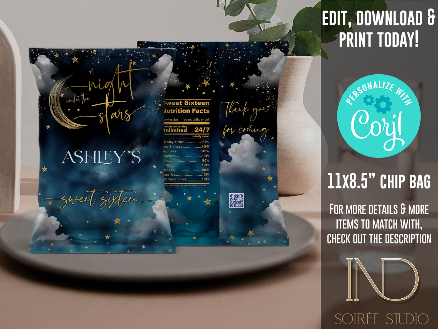Sweet 16 Invitation & Party Bundle | A Night Under the Stars Theme | Editable Corjl Template | Printable Digital Download