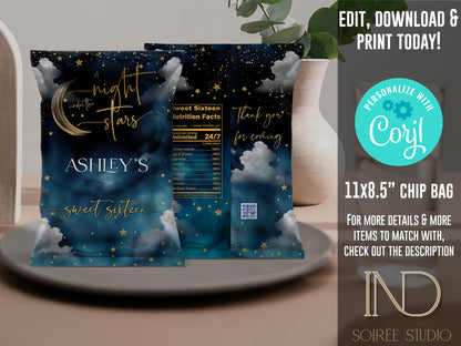 Sweet 16 Invitation & Party Bundle | A Night Under the Stars Theme | Editable Corjl Template | Printable Digital Download