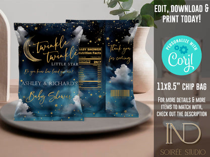 Twinkle Little Star Baby Shower Invitation Editable Template | Neutral Sky & Stars Galaxy Theme | Printable Instant Download