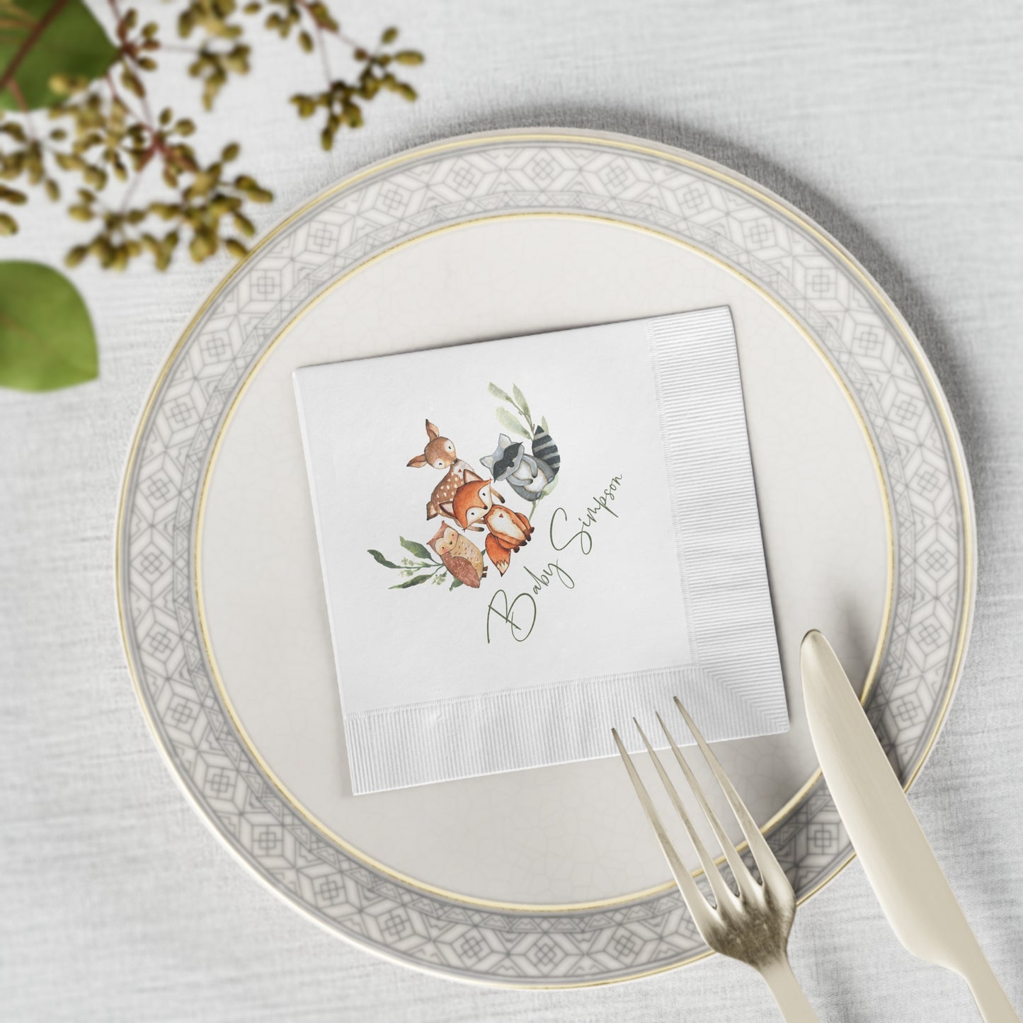 Woodland Baby Shower Napkins, Personalized Fox Deer & Raccoon Party Napkins, Forest Animals Disposable Napkins, Woodland Baby Shower Decor