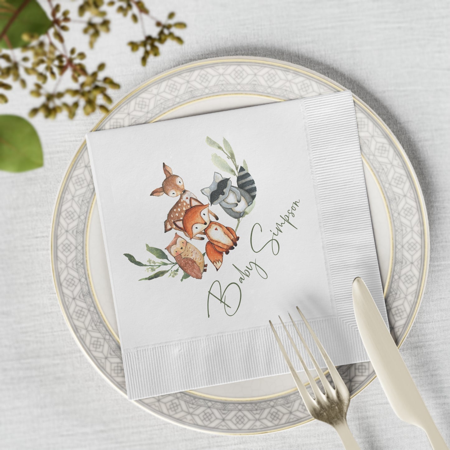 Woodland Baby Shower Napkins, Personalized Fox Deer & Raccoon Party Napkins, Forest Animals Disposable Napkins, Woodland Baby Shower Decor