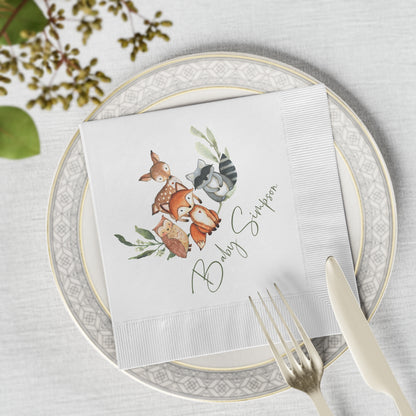 Woodland Baby Shower Napkins, Personalized Fox Deer & Raccoon Party Napkins, Forest Animals Disposable Napkins, Woodland Baby Shower Decor