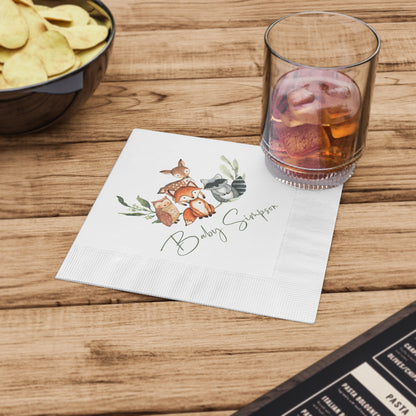 Woodland Baby Shower Napkins, Personalized Fox Deer & Raccoon Party Napkins, Forest Animals Disposable Napkins, Woodland Baby Shower Decor